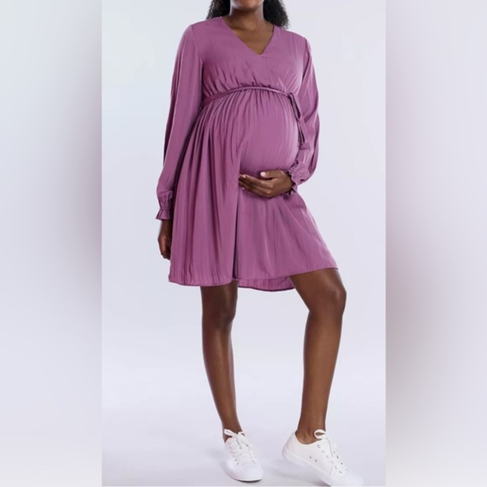 NEW…Motherhood Maternity Woven Wrap Smocked Long-Sleeve Dress